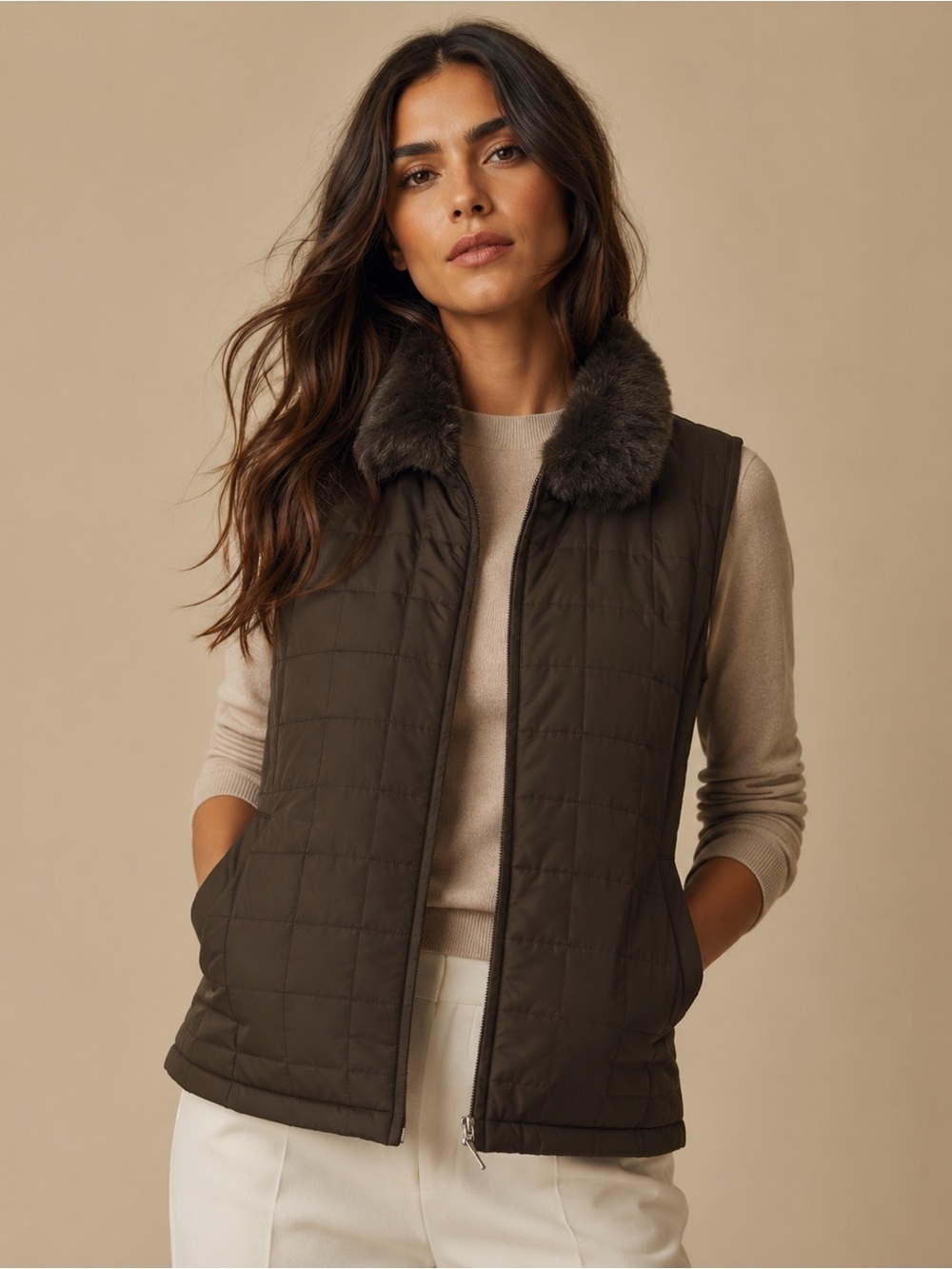 Carolyn Taylor Quilted Faux-Fur Collar Vest - Olive